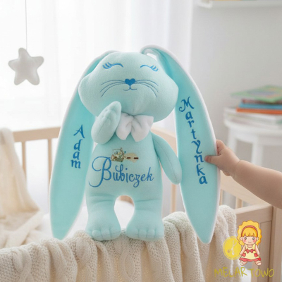 Niebieski królik- maskotka, przytulanka z personalizacją